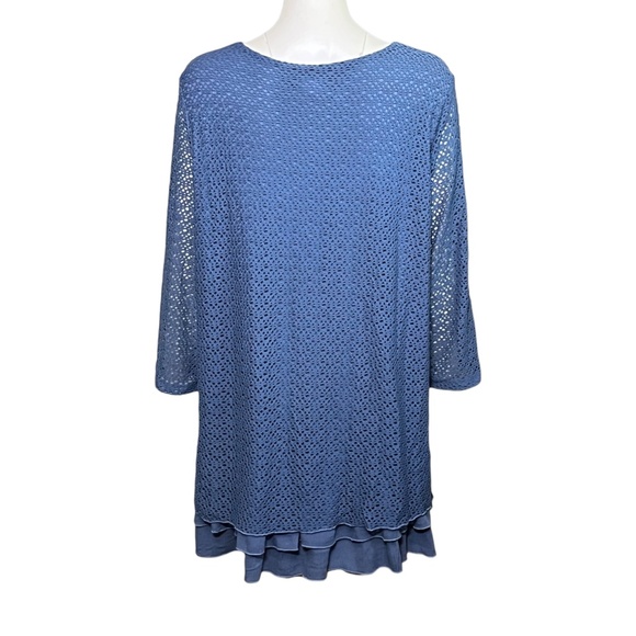 Ali Miles Size 1X Blue Lace Overlay Tunic Top Ruffle Tiered Lagenlook 3/4 Sleeve - Picture 4 of 10